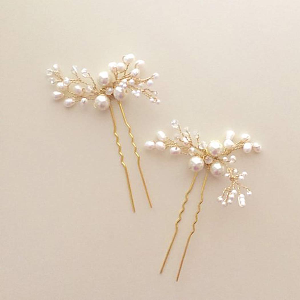 Bride Wedding Pearl Hair Pins Girls Bridal Hair Accessories Hair Piece for Women and Girls 2PCS (Gold)