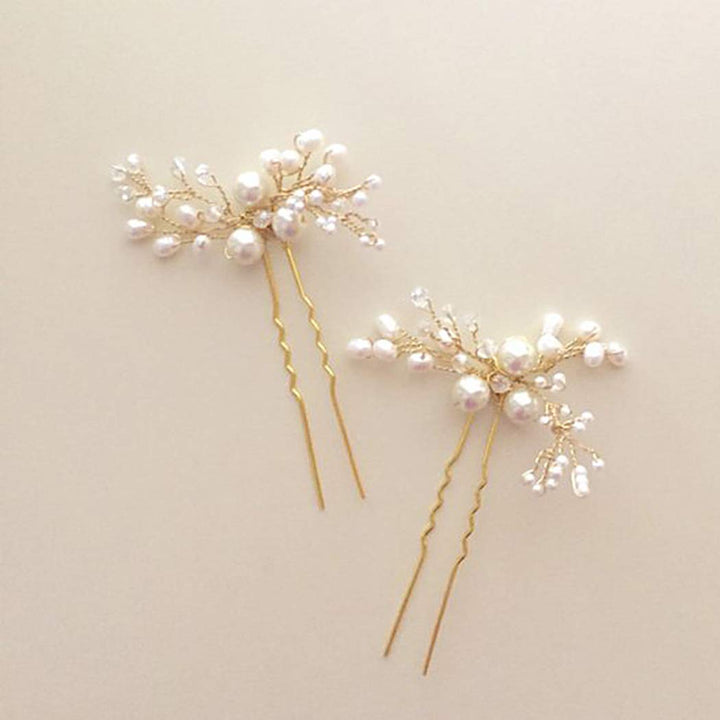 Bride Wedding Pearl Hair Pins Girls Bridal Hair Accessories Hair Piece for Women and Girls 2PCS (Gold)