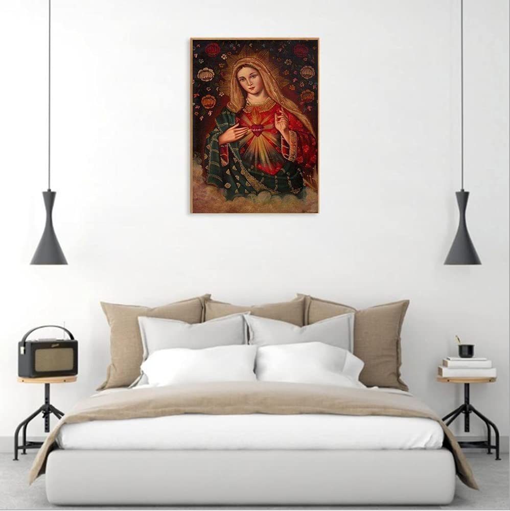 Round Full Drill Diamond Painting Kit, 5D DIY Loving Virgin Mary Diamond Dots Arts Crafts Set Virgin Mary Diamond Painting with Gem for Adult Paint with Diamonds Room Decor (12X16 inches)