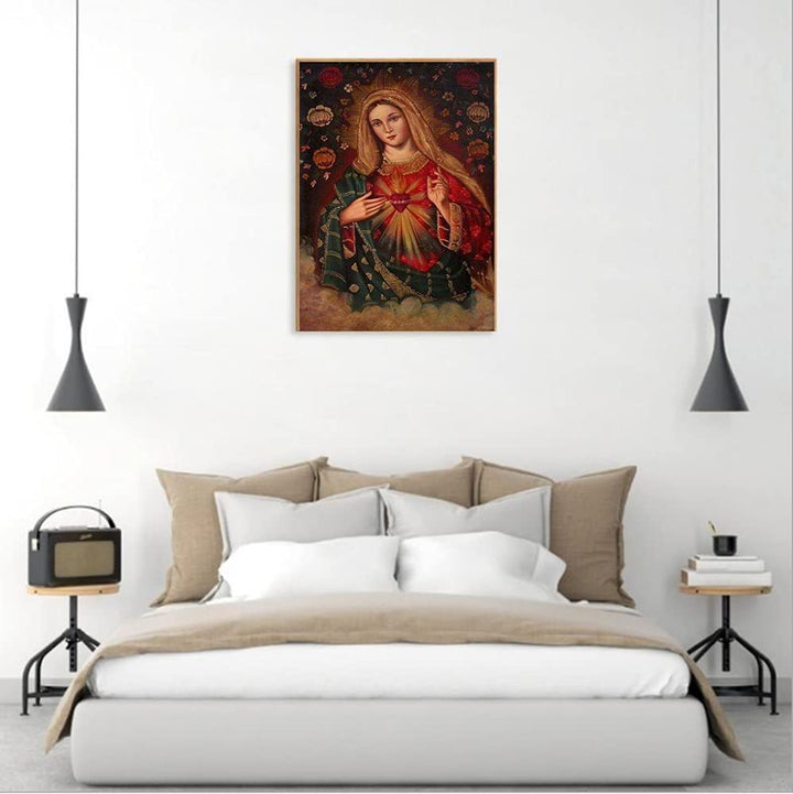 Round Full Drill Diamond Painting Kit, 5D DIY Loving Virgin Mary Diamond Dots Arts Crafts Set Virgin Mary Diamond Painting with Gem for Adult Paint with Diamonds Room Decor (12X16 inches)