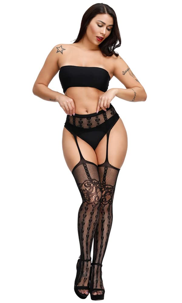 Women&#39;s High Waist Fishnet Tights Suspenders Pantyhose Thigh High Stockings Black (Black-1505)