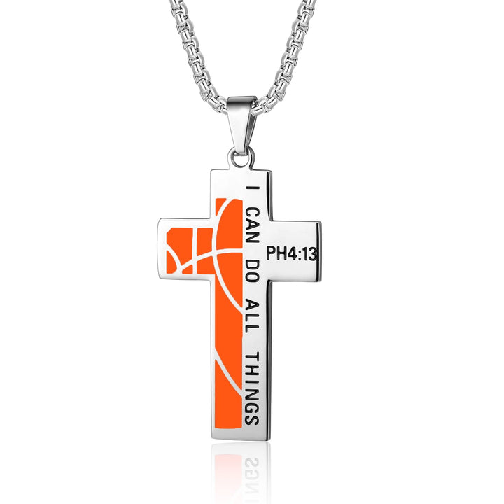 Basketball Cross Necklace for Men Bible Verse I CAN DO All Things Stainless Steel Sport Pendant for Men(Silver)