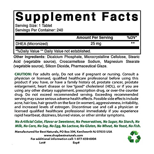 Dhea 25mg Supplement 240 Tablets - Supports Balanced Hormone Levels for Men &amp; Women - Promotes Healthy Aging - USA Manufactured