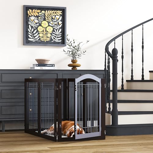 144-inch Extra Wide 30-inches Tall Dog gate with Door Walk Through, Freestanding Wire Pet Gate for The House, Doorway, Stairs, Pet Puppy Safety Fence, Support Feet Included, Espresso,6 Panels