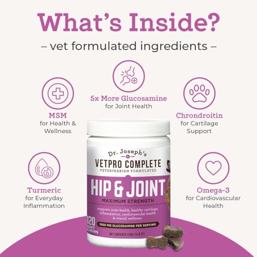 Dr. Joseph&#39;s Dog Hip and Joint Supplement, 120 Count, Chicken Flavored Pain and Inflammation Relief Chews with Glucosamine, Chondroitin, MSM, Turmeric, Vitamin C, Omega 3