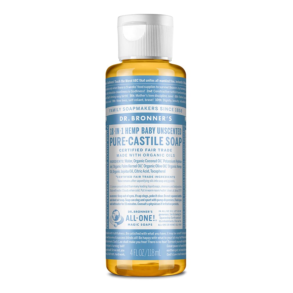 Dr. Bronner&#39;s - Pure-Castile Liquid Soap (Baby Unscented, 4 Ounce) - Made with Organic Oils, 18-in-1 Uses: Face, Hair, Laundry, Dishes, For Sensitive Skin, Babies, No Added Fragrance, Vegan, Non-GMO