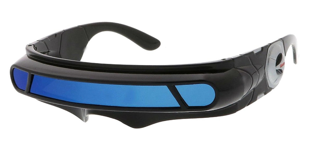 - Futuristic Cyclops Wrap Around Monoblock Shield Sunglasses (Black, Blue Revo)