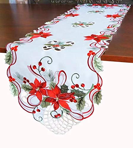 Holiday Christmas Table Runner 13x54, Cutwork Embroider