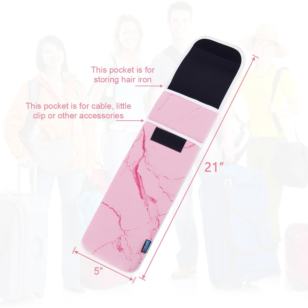 Heat Resistant Neoprene Curling Iron Cover Bag, Universal Curling Iron Cover Sleeve, Flat Iron Curling Wand Travel Case Pouch for Travel, Gym, or Home, 15 x 5 Inches (Dark Pink Marble Pattern)