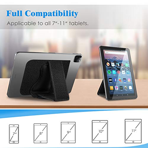 Universal Tablet Hand Strap Holder - [Dual Stand Supports] Detachable Padded Hook &amp; Loop Fastening Handle Grip with Adhesive Patch for iPad/Galaxy Tab and All 7-11 Tablets, Black