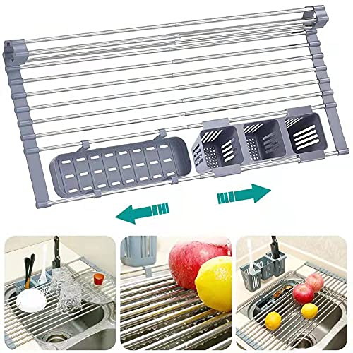 Roll Up Dish Drying Rack, 23'' Stretchable Roll up Sink Rack,with 2 Storage Baskets, Foldable Stainless Steel Dish Drainer for Kitchen Sink,for Kitchen Dishes,Fruits,Forks