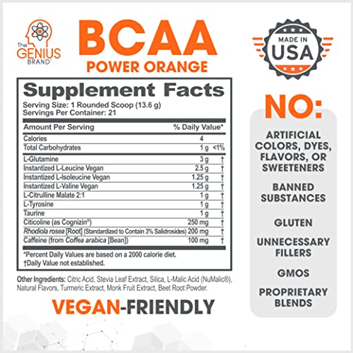 Genius BCAA Powder - 5g Vegan BCAAs L-Glutamine, Cognizin &amp; Rhodiola Muscle Recovery Energy Support 100mg Caffeine Pre, Intra, Post-Workout Nootropic Supplement for Focus &amp; Performance - Orange