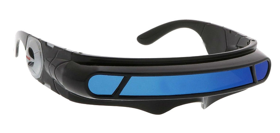 - Futuristic Cyclops Wrap Around Monoblock Shield Sunglasses (Black, Blue Revo)