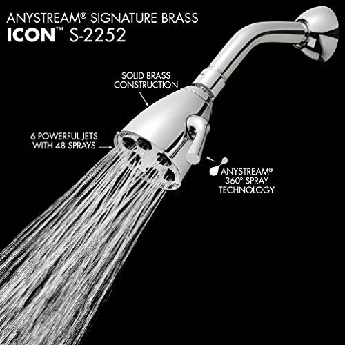 S-2252 Signature Icon Anystream Adjustable High Pressure Shower Head-2.5 GPM Solid Brass Replacement Bathroom Showerhead, Polished Chrome Finish