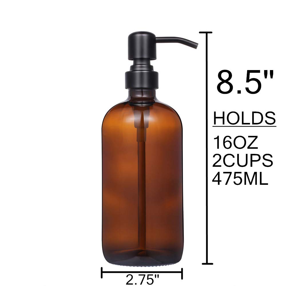 2 Pack Thick Amber Glass Pint Jar Soap Dispenser with Matte Black Stainless Steel Pump, 16ounce Boston Round Bottles Dispenser with Rustproof Pump for Essential Oil, Lotion Soap