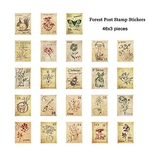 138 Pcs/3 Sets Post Stamp Stickers Retro Cute Plants/An