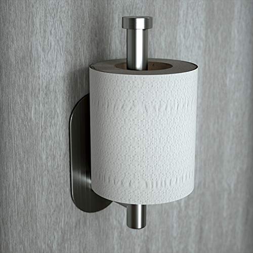 Adhesive Toilet Paper Holder, Roll Holder Small Space for Kitchen Bathroom Utility Hooks Stick on Wall Stainless Steel Brushed Nickel