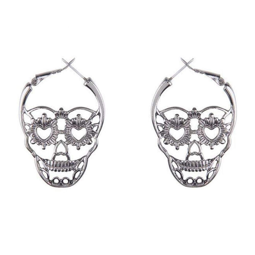 4 Pairs Halloween Skull Skeleton Earrings Hollow Skull Face Hoop Stud Earrings Punk Style Gothic Scary Silver Drop Dangle Earrings for Men Women Jewelry Accessory