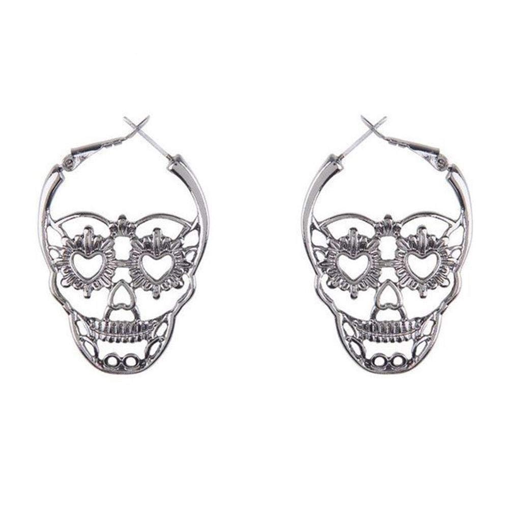 4 Pairs Halloween Skull Skeleton Earrings Hollow Skull Face Hoop Stud Earrings Punk Style Gothic Scary Silver Drop Dangle Earrings for Men Women Jewelry Accessory