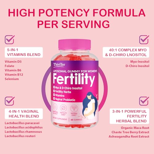Fertility Supplements for Women, Prenatal Vitamins with Myo-Inositol &amp; D-Chiro Inositol, Folate, Herbs, for Hormonal Balance, Fertility &amp; Vaginal Care, 60 Prenatal Gummies (Raspberry)
