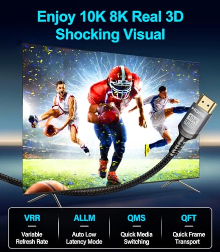 Sniokco 10K 8K HDMI 2.1 Cable 6.6FT, Certified 48Gbps U