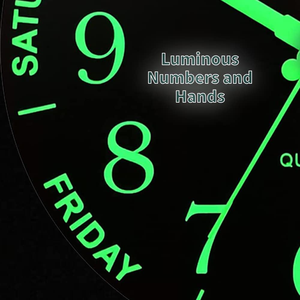 Luminous Wall Clock, 12&#39;Wooden Silent Non-Ticking Glow in The Dark Clock, with Luminous Function Numbers and Hands, Battery Powered Day Week Wall Clock for Bedroom, Living Room, Kitchen