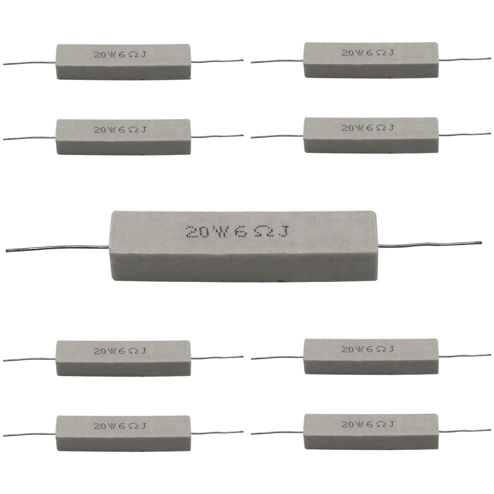 Cement Resistor,10 PCS 20W 6 ohm 5% Axial Lead Wire Resistor White Wound Fixed Ceramic Cement Resistors Wirewound Cement Power Resistors Flame Heat Moisture Resistance Precharge Horizontal Resistors