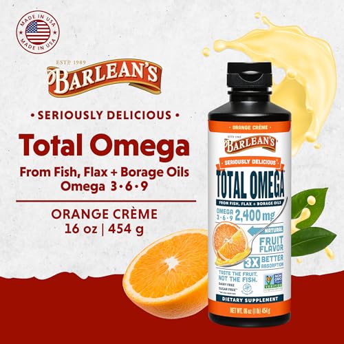 Total Omega 3 Fish Oil Liquid Supplement, Orange Crème Flavored with Borage and Flaxseed Oils, 2,400 mg of Omegas 3 6 9 EPA and DHA Plus GLA, 16 oz