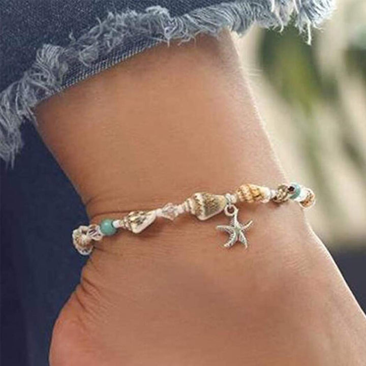 Gemily Boho Starfish Anklet Pendant Silver Conch Shell Turquoise Ankle Bracelets Beaded Foot Chain Beach Crystal Foot Jewelry for Women and Girls