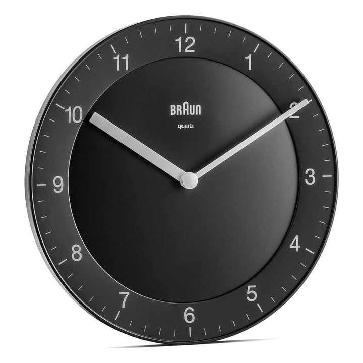 Braun Classic Analogue Wall Clock with Quiet Quartz Movement, Easy to Read, 20cm Diameter in Black, Model BC06B.