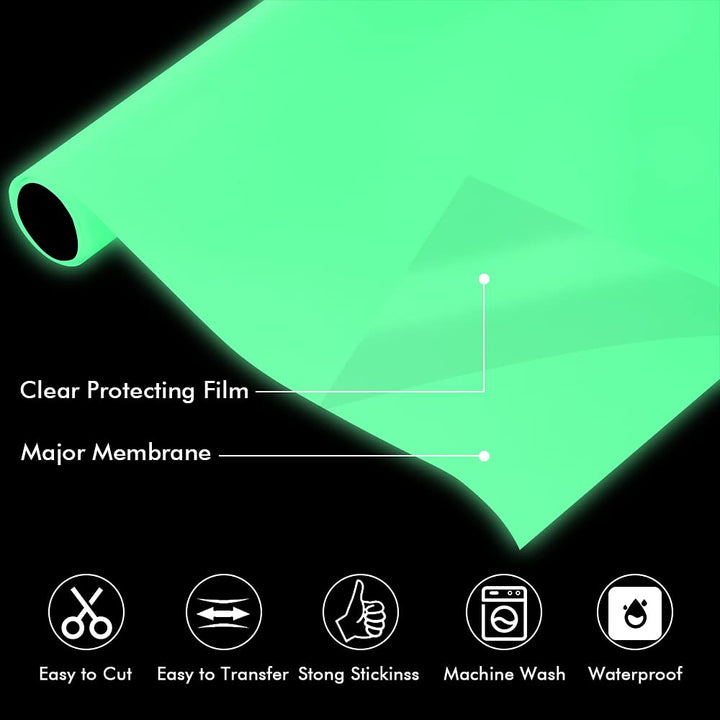 Heat Transfer Vinyl Roll 12in.x 10ft, White to Green Glow in The Dark HTV Vinyl for DIY T Shirts, Iron on Vinyl for Cricut Heat Press Machine, White-Green