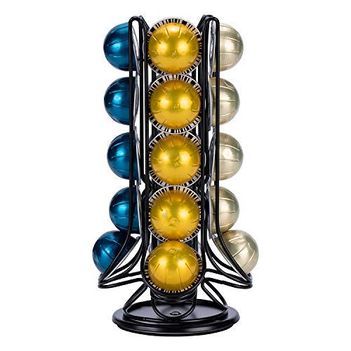 Coffee Pod Holder Carousel Stand Storage for Nespresso Vertuoline, Small Size 360-Degree Rotation WIre Metal Black (20 Pods)