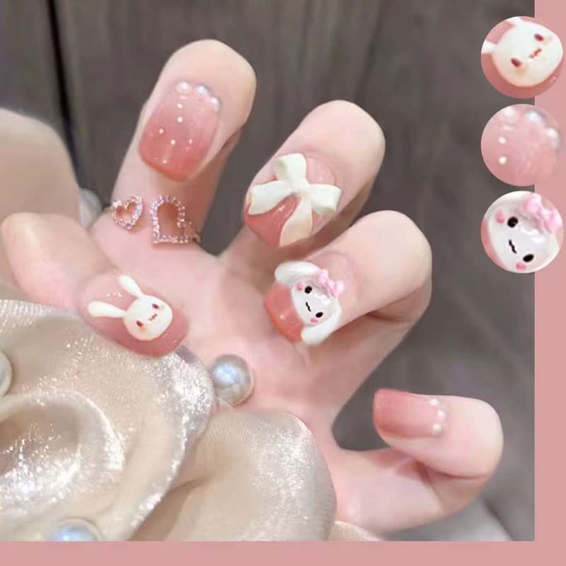 Cute Bunny Fake Press on Nails for Women Kid Cute Rabbit Fake Nails Pre-glue Short Full Cover False Nail Tips Stick on Nails Lovely Gift Girls Nail Art Decoration -Pink