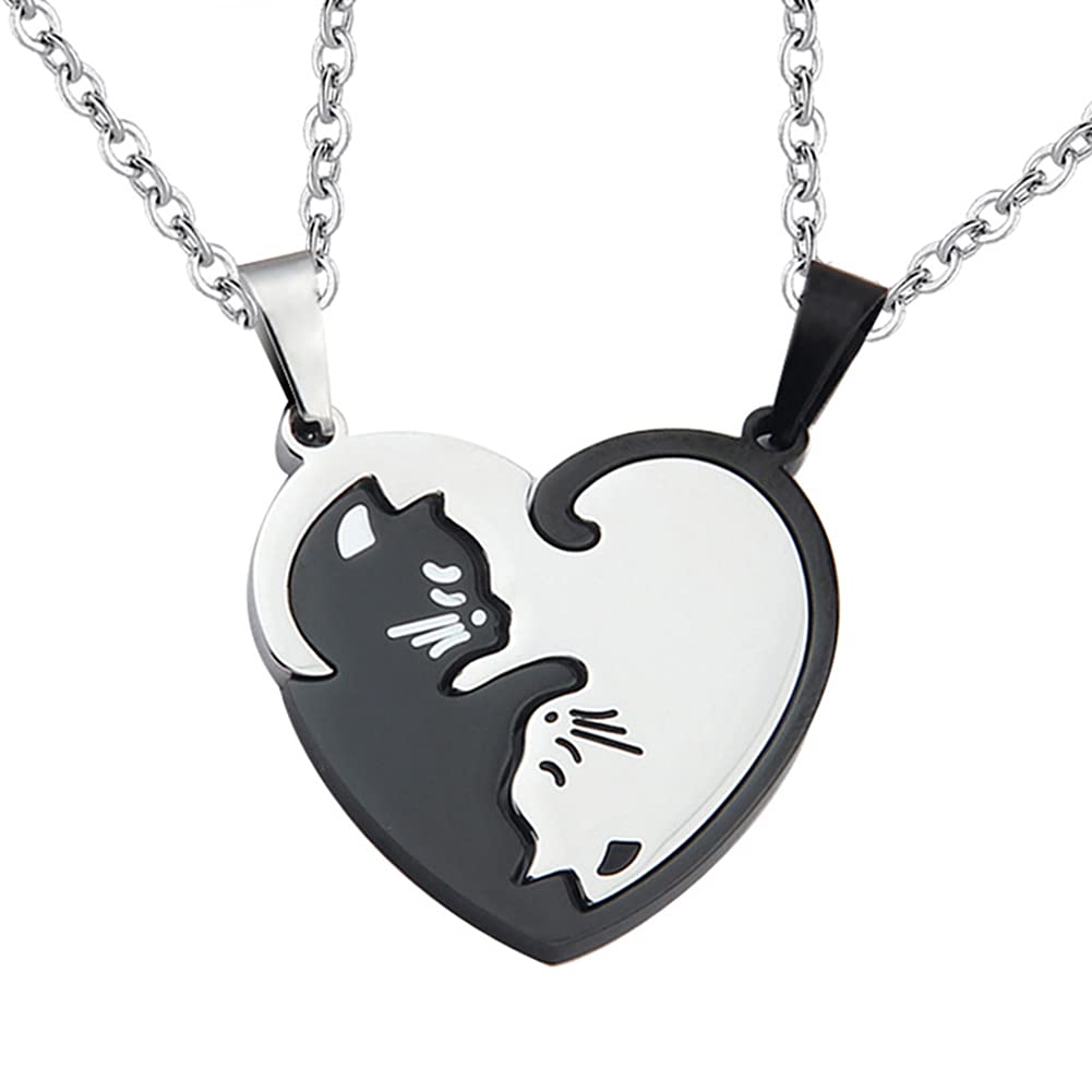 Cat Matching Necklaces Heart Pendant Necklace for Women Men Relationship Friendship Necklaces for 2 Cat Necklace for Couples Best Friends BFF Christmas Birthday Gift