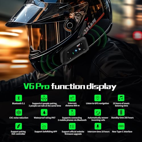 Motorcycle Helmet Bluetooth Headset V6 Pro, 2-Way 1200M Motorbike Helmet Intercom Communication System for Ski/ATV/Dirt Motorbike/Off Road for Full-face Helmet Flip-up Helmets(2 Pack)