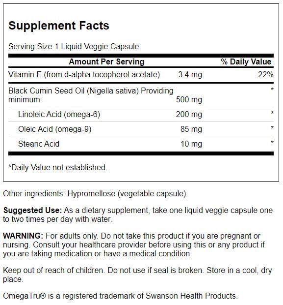 Swanson Black Cumin Seed Oil 500 Milligrams 60 Liq Vegc