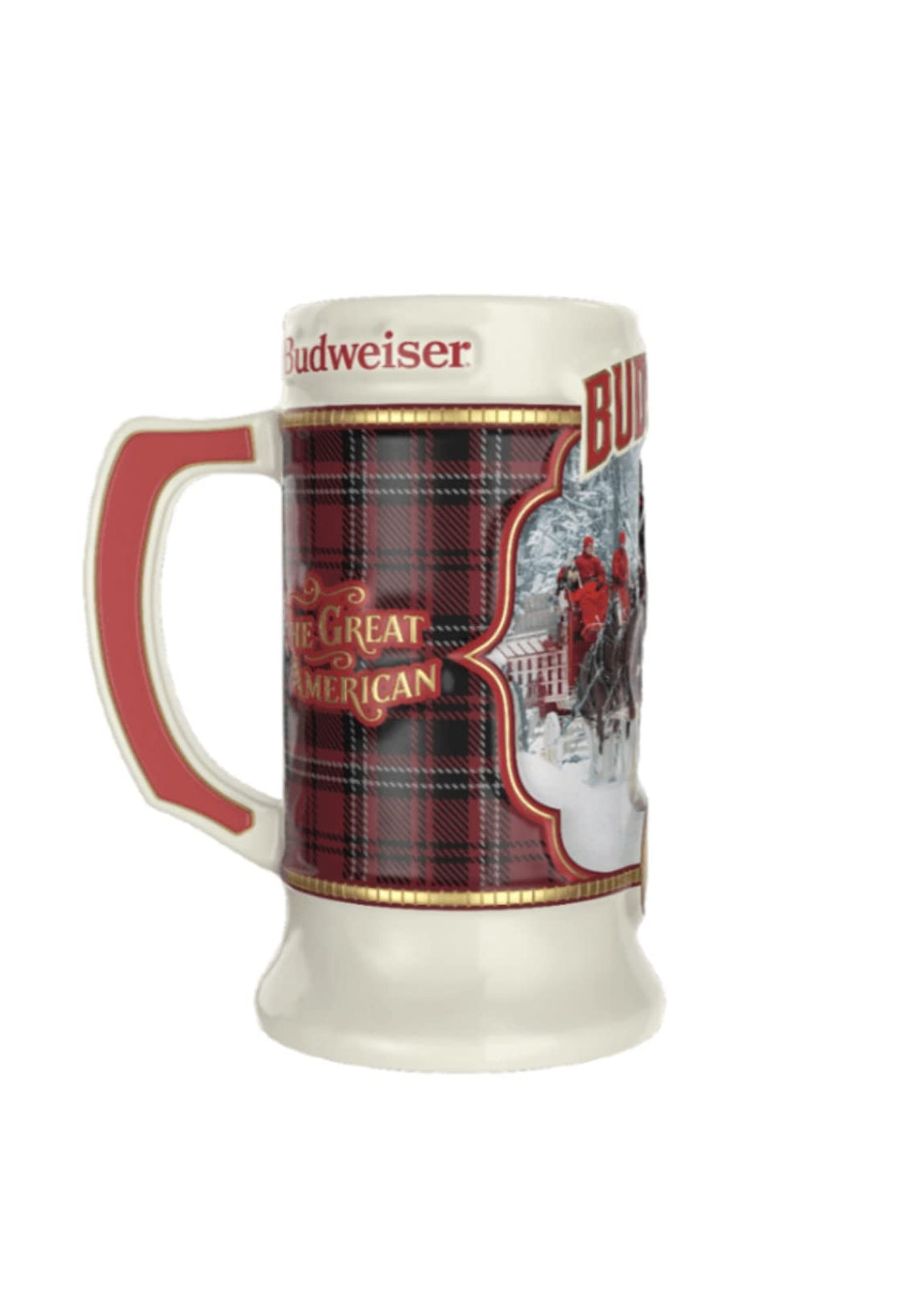 2021 Budweiser Plaid Holiday Christmas Stein,Red,white,black,gold,7inHx3.5inW