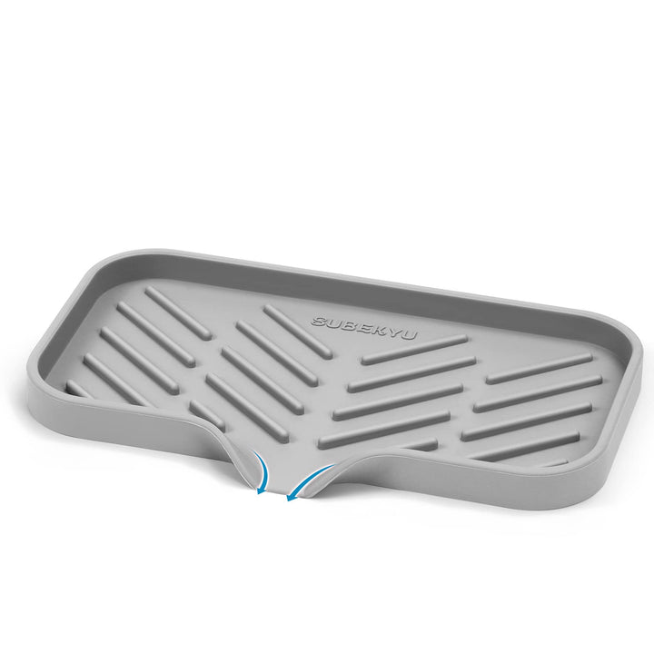 Silicone Kitchen Soap Tray, Sink Tray for Kitchen Counter/Soap Bottles, Sponge Holder and Organizer with Drain Spout, Grey, [Size: 9.5 x 5 inch]