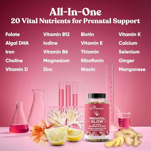 Glow Prenatal Vitamins for Women – 20-in-1 Vital Nutrients for Healthy Pregnancy and Fetal Development – Folic Acid &amp; Vegan DHA For Baby&#39;s Growth &amp; A Comfortable Pregnancy – 60 Nourishing Capsules