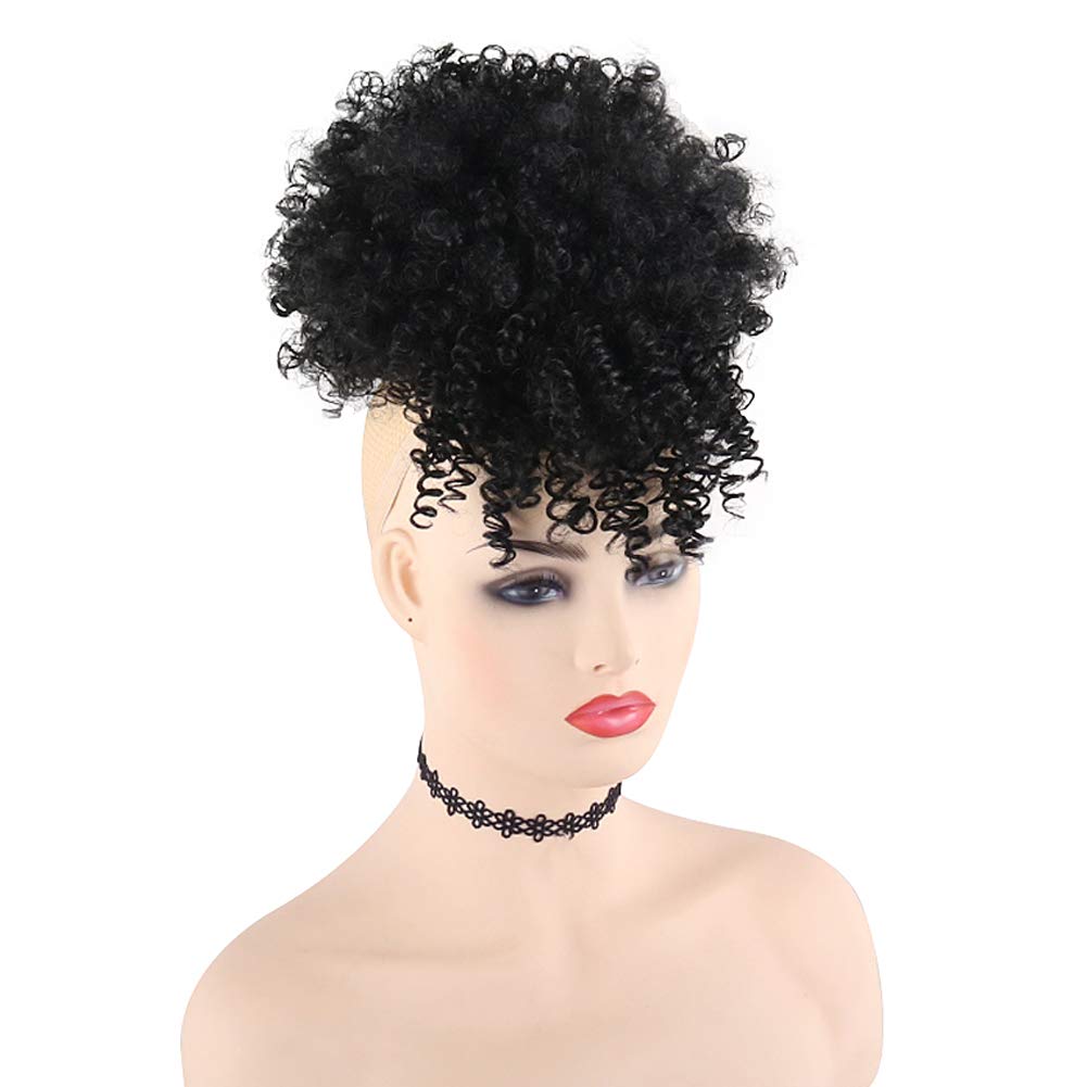 High Afro Puff Drawstring Ponytail Bun with Bangs for Black Women Short Afro Kinky Curly Ponytail Extension Clip in Hair Extensions Pineapple Synthetic Black Ponytail with Two Clips(1B#)