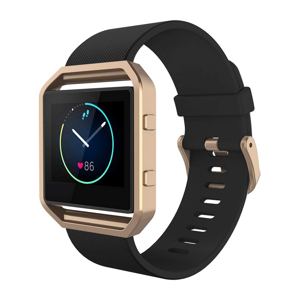Sport Band Compatible with Fitbit Blaze Smartwatch Sport Fitness, Silicone Wrist Band with Meatl Frame Replacement for Fitbit Blaze Men Women, Small, Black+Rose Gold Frame