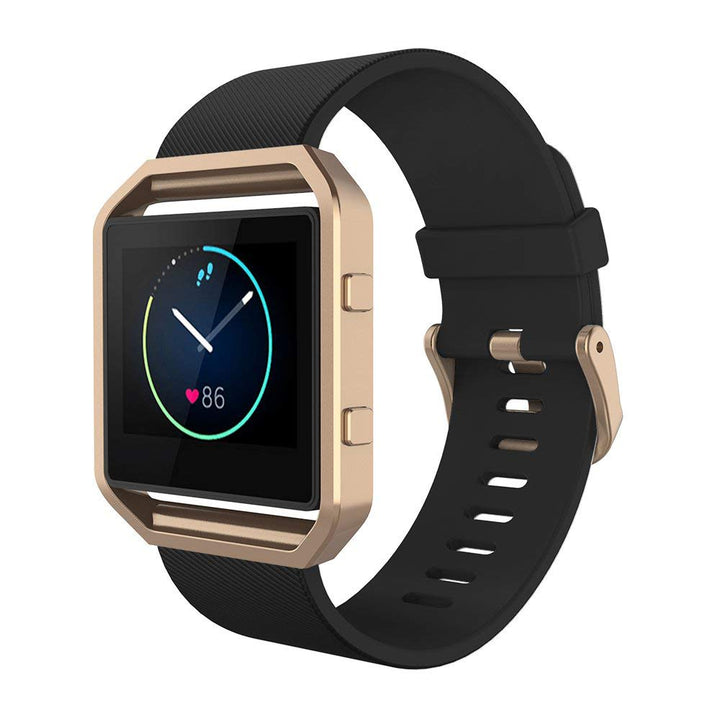 Sport Band Compatible with Fitbit Blaze Smartwatch Sport Fitness, Silicone Wrist Band with Meatl Frame Replacement for Fitbit Blaze Men Women, Small, Black+Rose Gold Frame