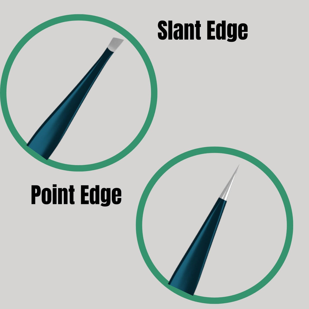 4 Precision Aligned Professional Tweezers Color Sets with Premium Stainless Steel. One Sharp Pointed Pair and One Slant Tip Pair for Eyebrow Shaping. Great for Ingrown Hair (Green)
