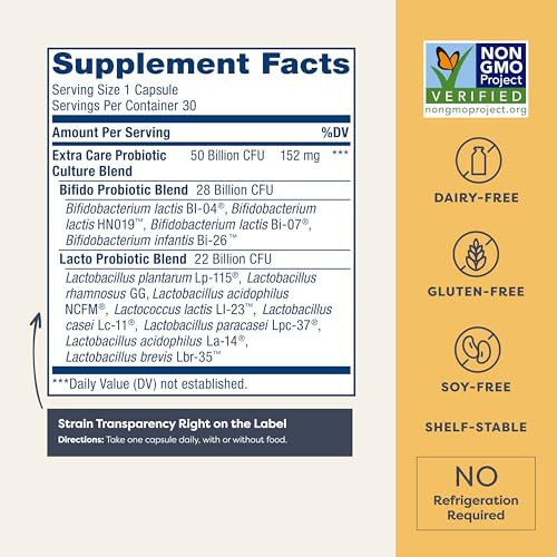 Renew Life Extra Care Digestive Probiotic Capsules, 50 Billion CFU Guaranteed, Daily Supplement Supports Immune, Digestive, Respiratory Health(1), L. Rhamnosus GG, Dairy, Soy and Gluten-Free, 30 Count