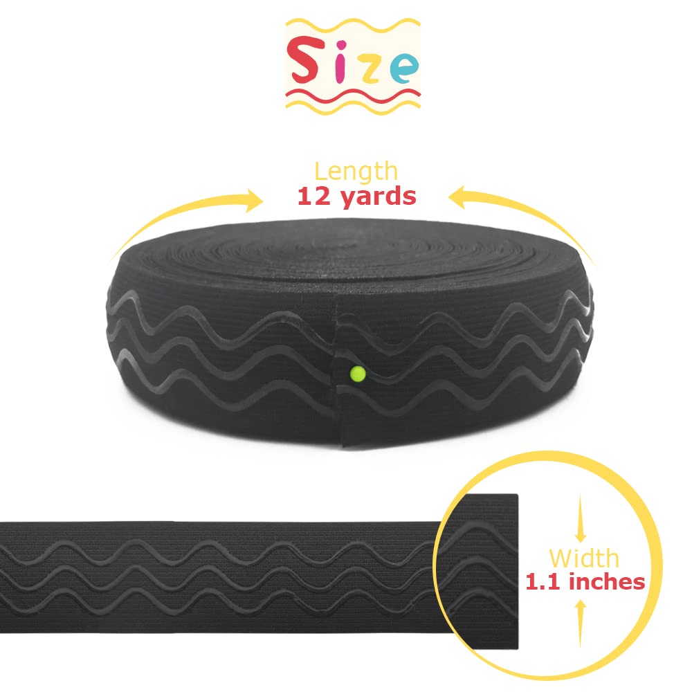 Silicone Gripper Elastic Band, 1.1 Inches Non-Slip Gripper Elastic for Sewing, 12 Yards, Black