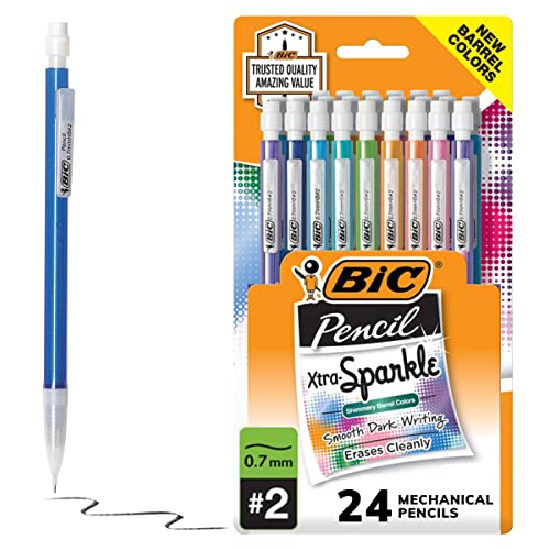 Xtra-Sparkle Number 2 Mechanical Pencils With Erasers (MPLP241-BLK), Medium Point (0.7mm), 24-Count Pack, Cute Mechanical Pencils For Girls, Boys and Adults (Barrel Colors May Vary)
