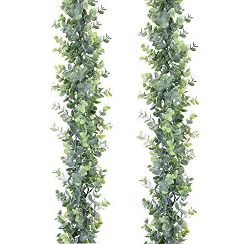 Faux Eucalyptus Garland Plant, 2 Pack Artificial Vines Hanging Eucalyptus Leaves Greenery Garland for Wedding Backdrop Arch Wall Decor, 6 Feet/pcs UV Protected Indoor Outdoor