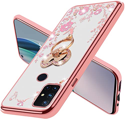 for OnePlus Nord N10 5G Case for Women, Glitter Crystal Butterfly Heart Floral Slim TPU Luxury Bling Cute Girls Cover with Ring Holder Stand+Strap for OnePlus Nord N10 5G (2020)-Rose Gold