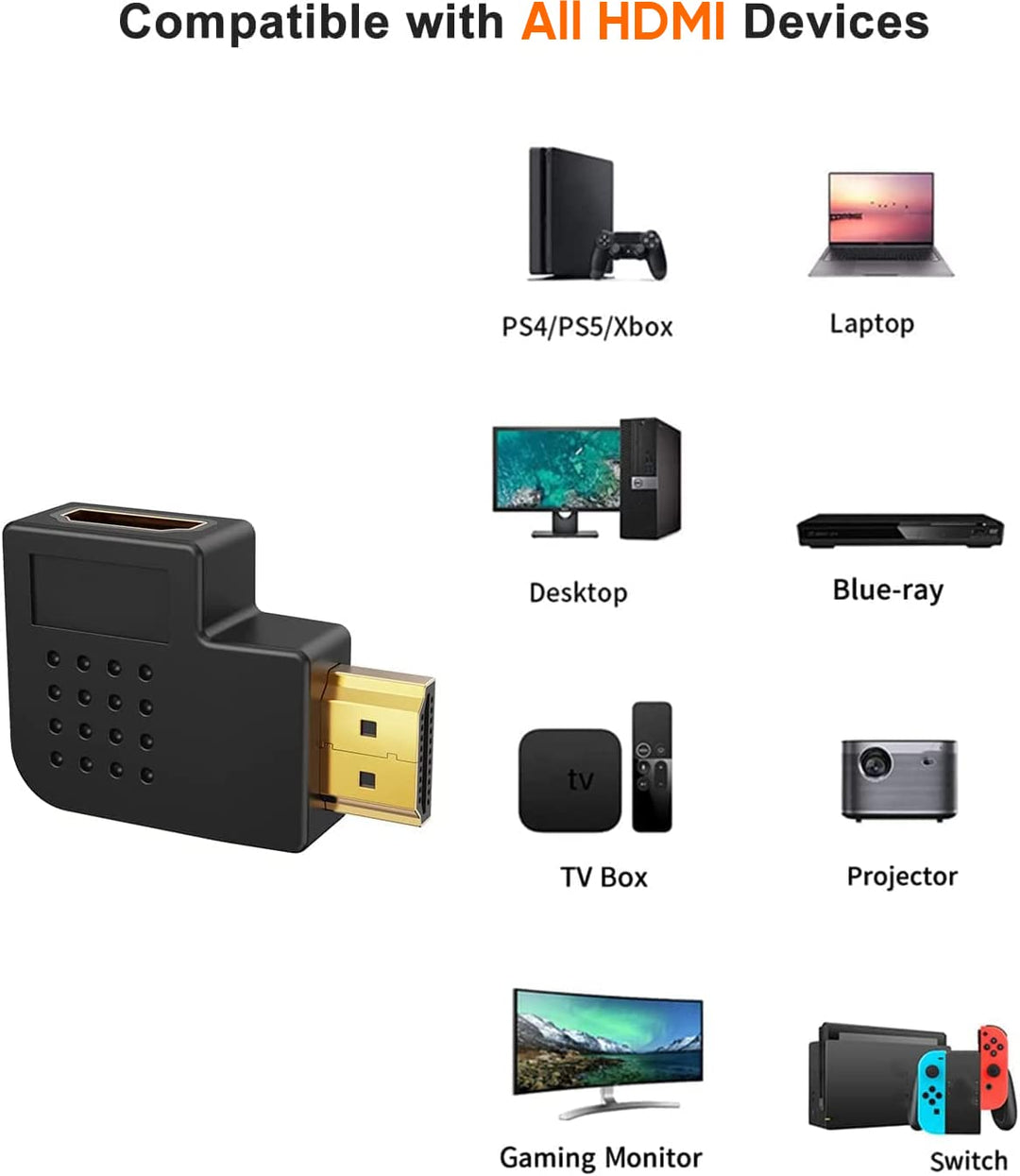 HDMI Adapter Male to Female, 2 Pack 90 and 270 Degree Right Angle Converter, HDMI L Shape Flat Extender for Wall TV, Roku, PS5, Fire Stick, Chromecast, Switch, Laptop,Xbox, PC