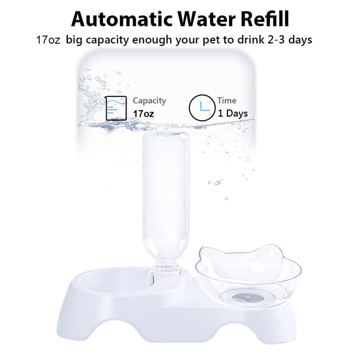 Double Dog Cat Bowls - Pets Water and Food Bowl Set, 15°Tilted Water and Food Bowl Set with Automatic Waterer Bottle for Small or Medium Size Dogs Cats